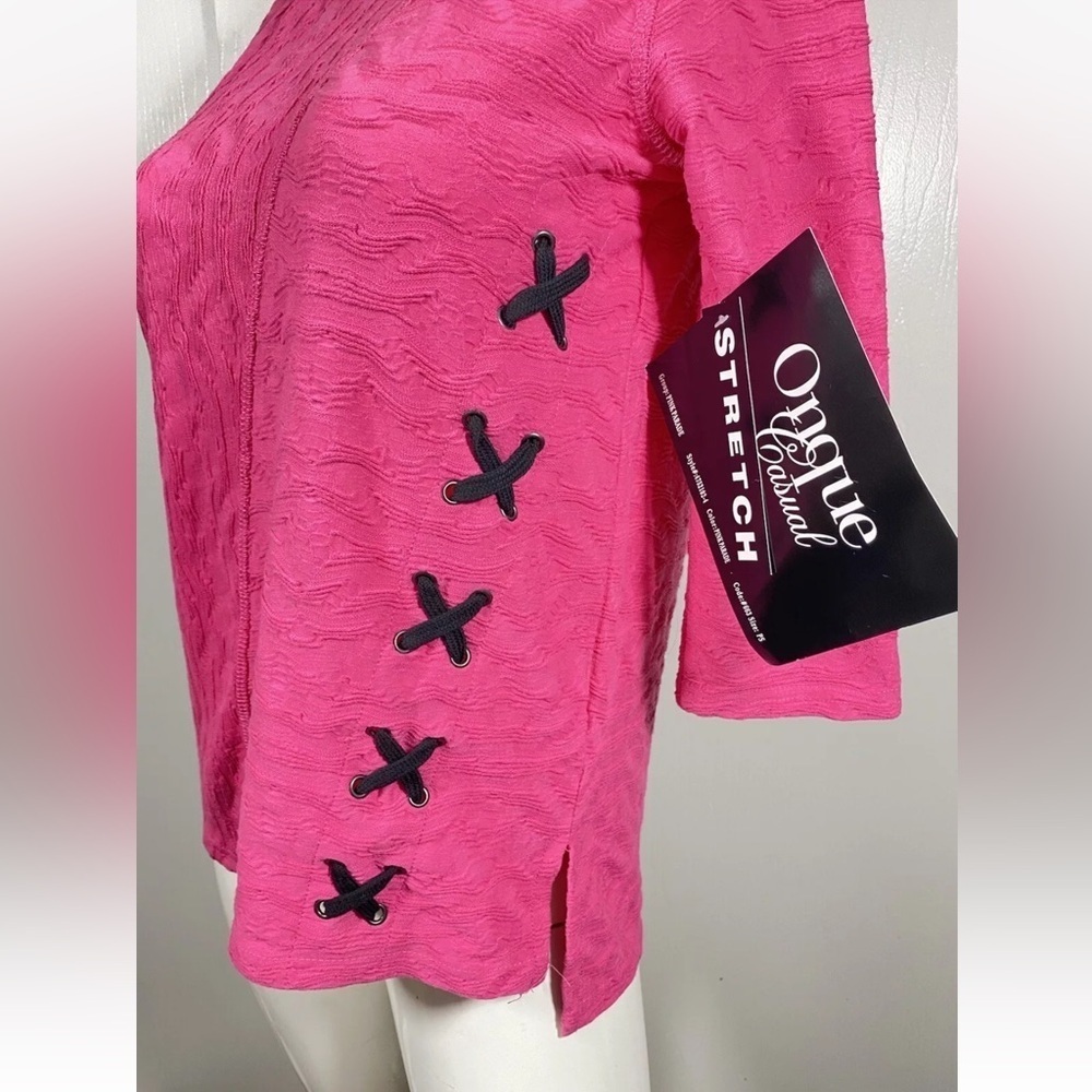 NWT Onque Casual womens 3/4 sleeve pink fuchsia top shirt textured size PS - Picture 4 of 7